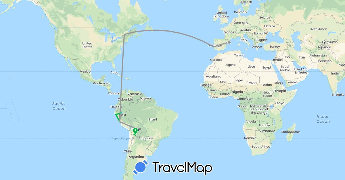TravelMap itinerary: driving, bus, plane, boat in Bolivia, Canada, Spain, Peru, Portugal (Europe, North America, South America)